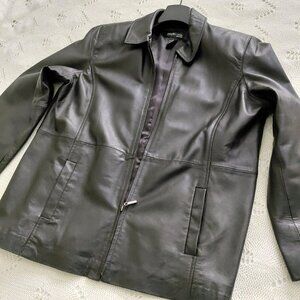 Women’s Black Genuine Leather Coat Size 12 Petite – Excellent Condition